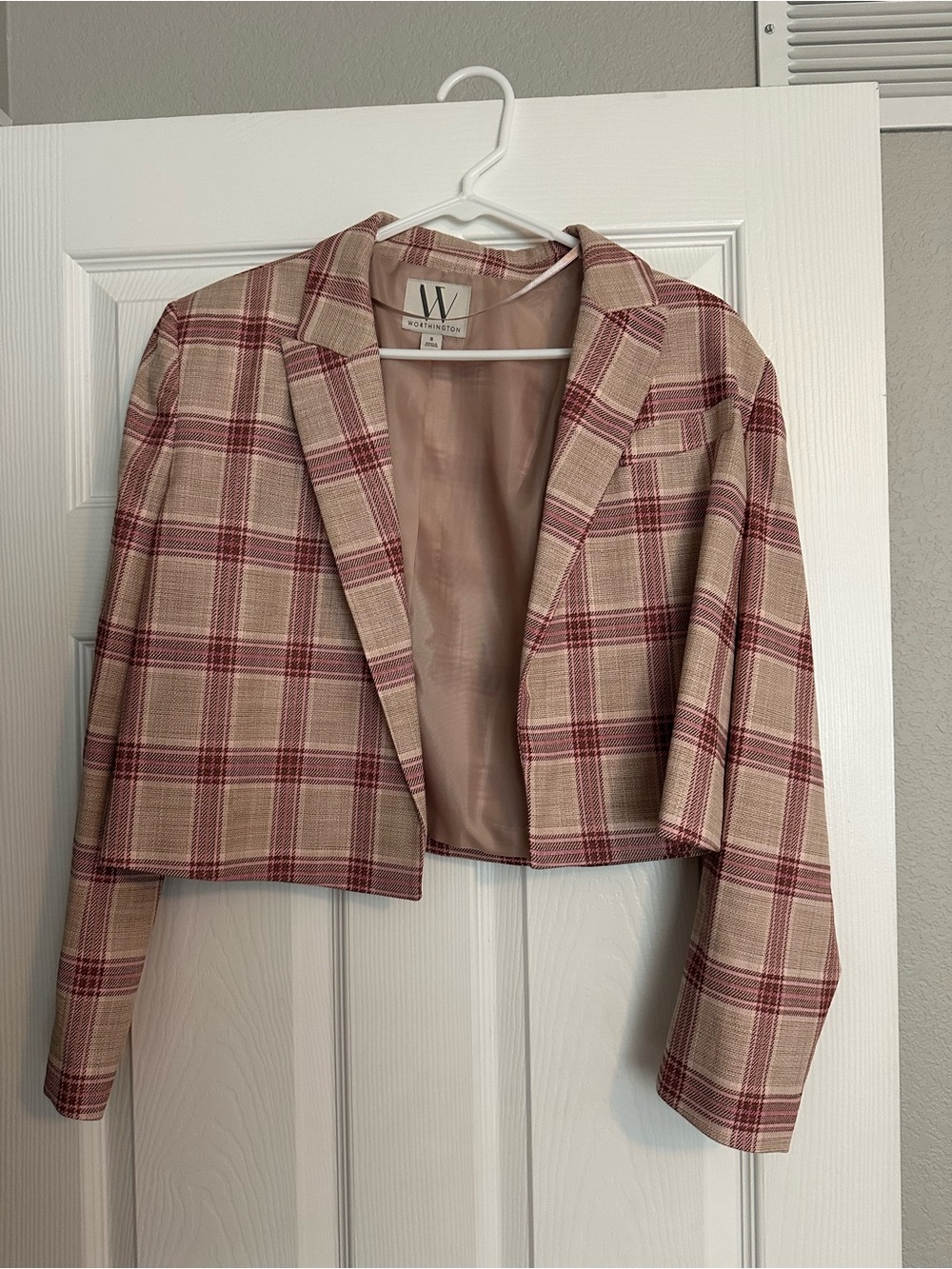 Worthington Cropped Pink Plaid Blazer